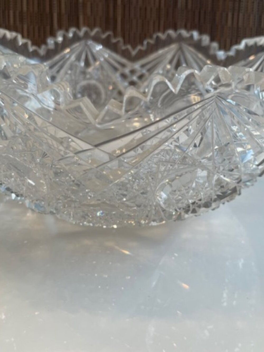 Vintage Cut Glass Crystal Bowl – Starburst & Diamond Pattern – Scalloped Rim
